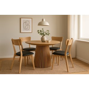 Matgrupp Osaka Ø120–200 cm ek med 4 st Amino stolar i ek och svart ecoläder från .